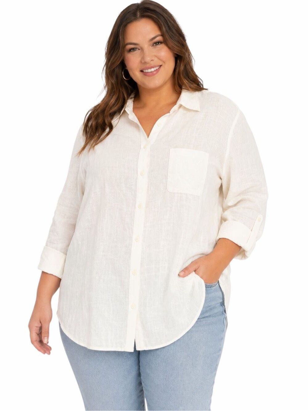 GILLI Linen Blend Button Front Collared Long Sleeve Shirt Ivory Plus Size 2X XXL